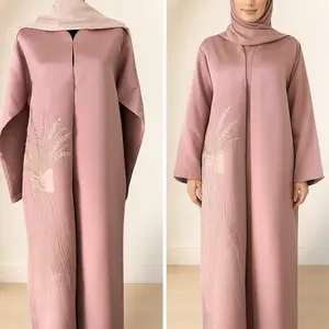 Mauve Coat Abaya with Embroidered Wheat & Bow - Chic Artsy Elegant Smooth Structured Material Semi Formal Eid Greetings