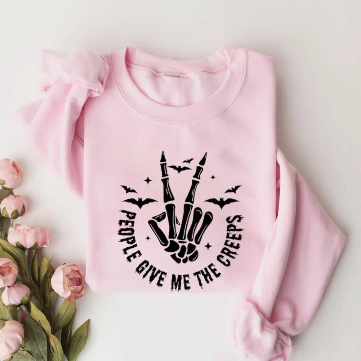 Women's Halloween Sweatshirt Spooky Skeletal Hands with People Give Me The Creeps Print, Horror Halloween Sweater, Cool Colors, Gift For Him Her