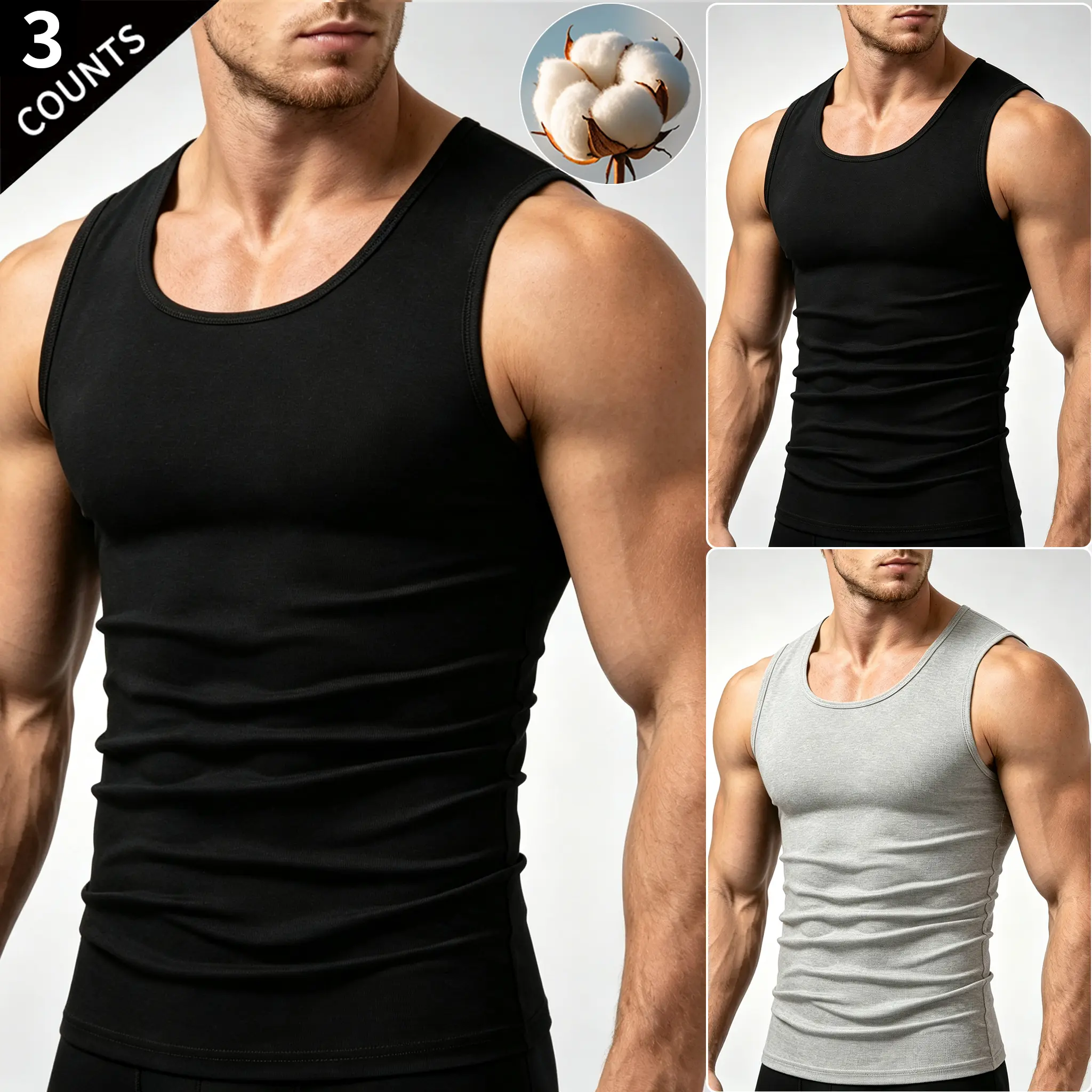 Men's 3-Pack Solid Cotton Sleeveless Tank Tops, Soft Breathable Athletic Undershirts for Running, Home Use