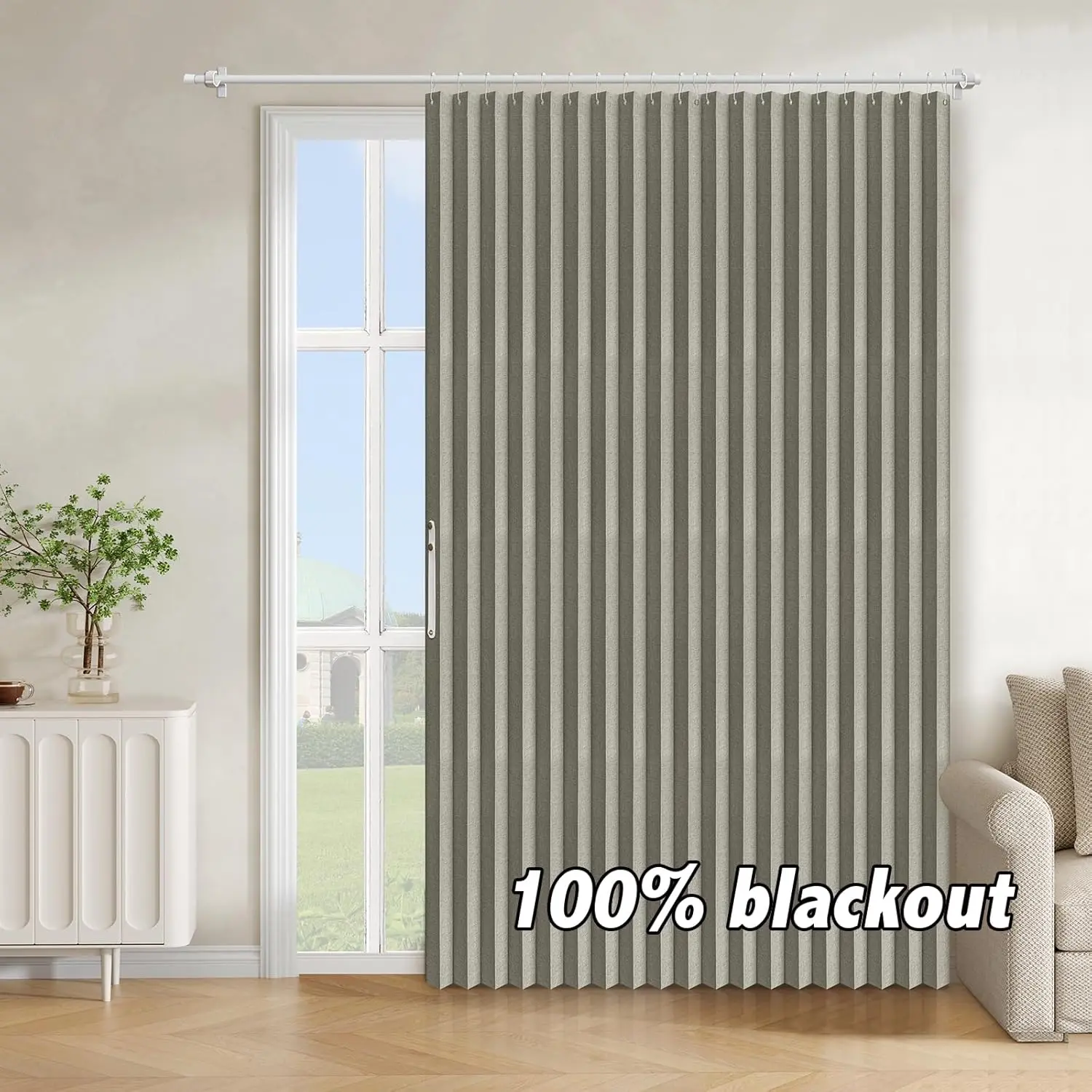 AJAZZ Blackout Accordion Door Curtain 98"x78" Grey - Magnetic Folding Room Divider, No-Drill Sliding Patio Closet