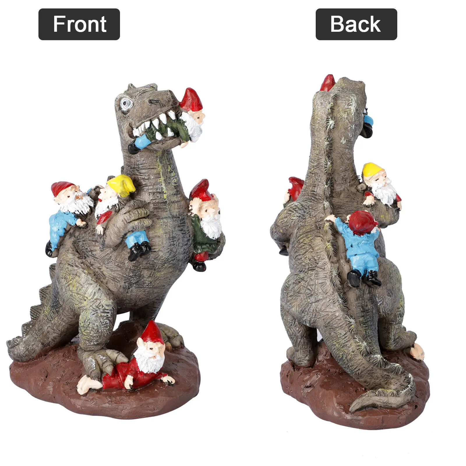 Funny Dinosaur Eating Gnomes Statue Yard Art Resin Garden Patio Decor Ornament