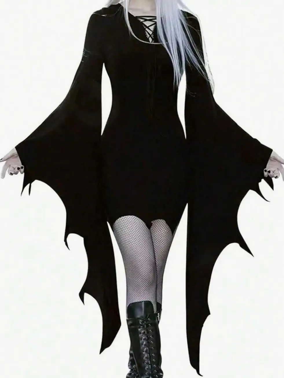 Women's Gothic Vampire Dress, Vintage V-Neck Tie-Up Flared Mini Dress, Batwing Sleeve Punk Dark Aesthetic Outfit for Halloween, Concert, Party, Club Night, Cosplay & Alternative Streetwear