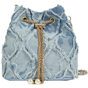 Denim bucket bag, women's denim wallet, denim messenger bag, hobo bag, drawstring handbag