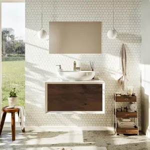 Santa Monica 30 in. Rosewood Wall Mount Single Sink Bath Vanity with Acrylic Top and Vessel Solid Surface Sink