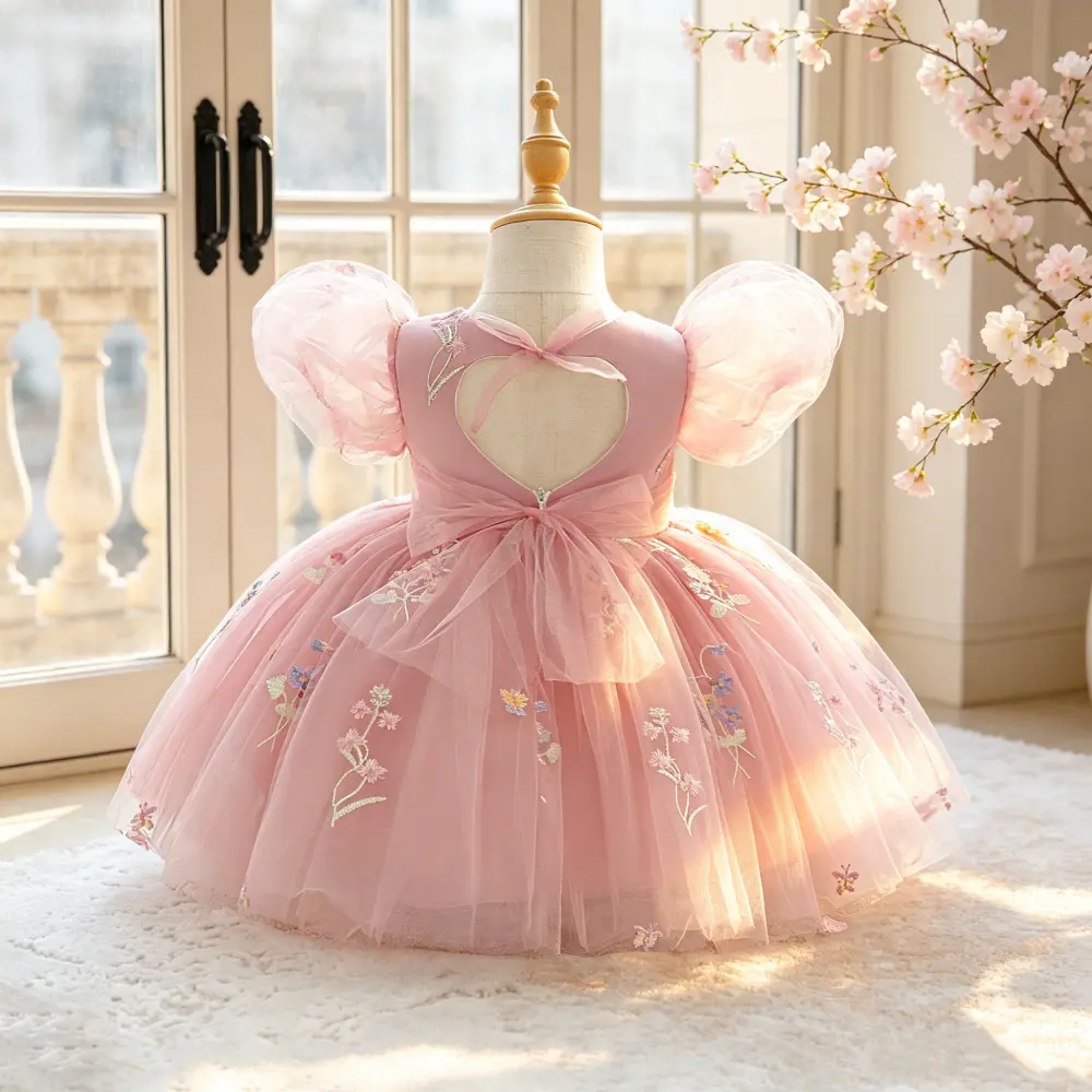 3011 Girl Flower Printed Dress with Bubble Sleeves Elegant Dress White Washed Dress Suitable for Birthday Parties Party Performances