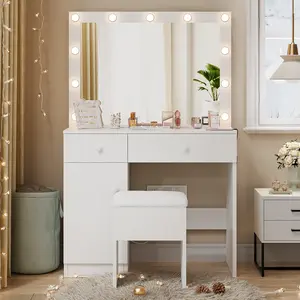 DAYAGO Makeup Vanity Set with Big Lighted Mirror 3 Color Lighting Bulbs 2 Drawers Cabinet Hidden Storage Stool Charging Station for Makeup Enthusiasts