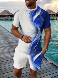 Men's Casual Sportswear Set Athletic Fashion Activewear Breathable Outdoor Tee & Five-Pocket Pants Summer 3D Print Adult Clothing, Geometric Design Fitted Short Sleeves, Athleisure Breathable Clothes