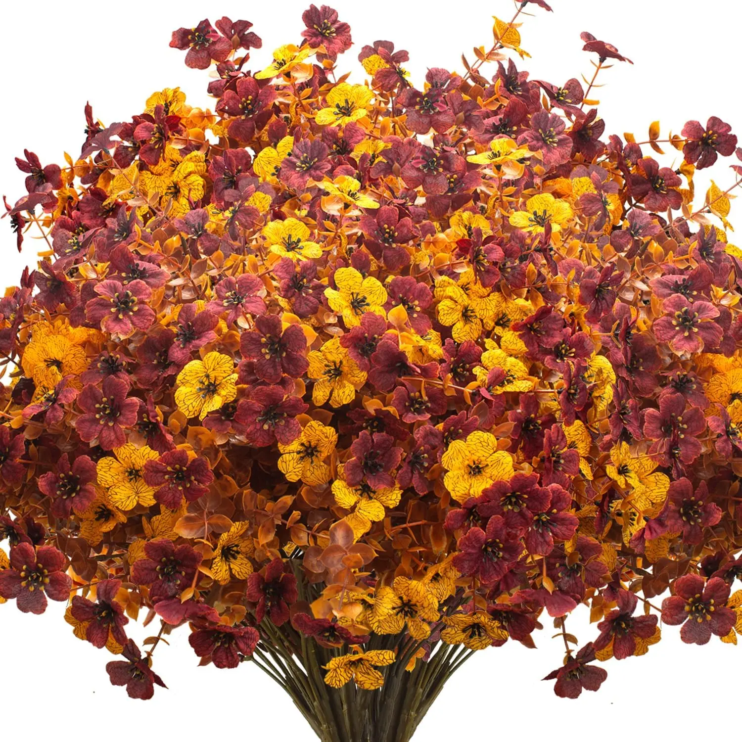 12 Bundles Artificial Fall Mums with Eucalyptus, Faux Daisy UV Resistant Outdoor Decor, Artificial Flower Decorations - Autumn Orange Flowers for Front Door Porch Planter, Patio, Thanksgiving Christmas (Fall Yellow&Brown)