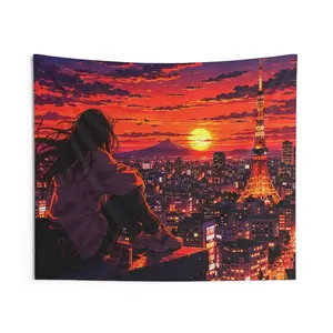 Anime Style Cityscape Sunset Canvas Art Print For Bedroom Living Room And Dorm Decor With Vibrant Colors And Emotional Scene Sunset Cityscape Anime Girl Tapestry| Tokyo Tower Evening Wall Art