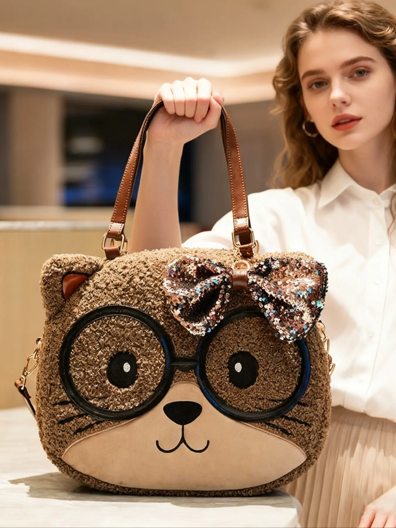 Cartoon Bow Tote Bag Fall Winter Fashion Cute Single Shoulder Large Capacity Commuter Plush Bag, Casual Commuter Bag, Stylish and Spacious Handbag, Casual Trendy Bag