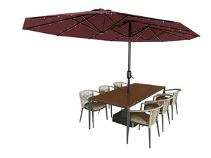 15 ft Rectangular Patio Umbrella with Base Included - Large Patio Umbrella with Crank Handle 36 LED Lights, UV Protection for Outdoor Market, Backyard, Deck, Pool,Wine Red