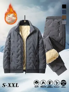 Men's Winter Fleece Jacket Set, Stand Collar, Drawstring Waist, Print Zipper Pockets, Thick Woven Fabric, Casual Fashion