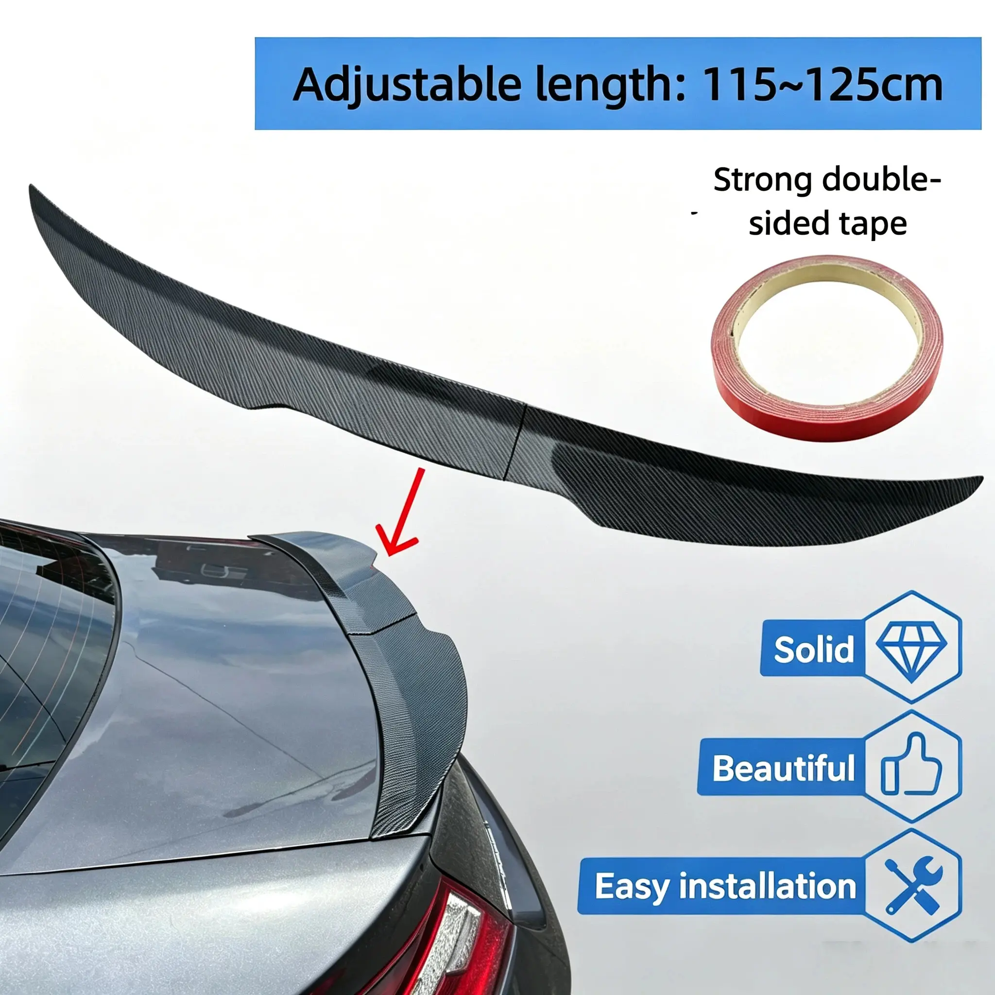 Adjustable ABS Universal  3-Segment Rear Trunk Spoiler, Drill-Free Adhesive Mount ABS Sport Roof Diffuser, Gloss Black Carbon Fiber Texture Automotive Aerodynamic Styling Modification Accessory