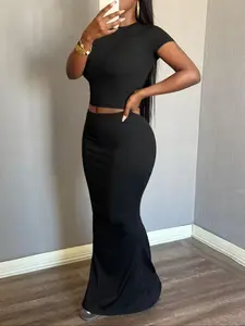 Women's Solid Bow Embroidering Top & Long Skirt Two-piece Set, Casual Fashion Cozy Round Neck Top & Skirt for Daily Outdoor Wear, Ladies Summer Clothes, Womenswear, Crewneck