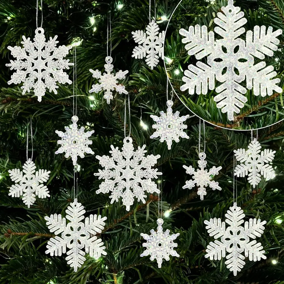 Mini Snowflake Ornaments for Christmas Tree Decorations, Crafts | 60pcs, white, glitter, small, plastic, for winter party, embellishments decor