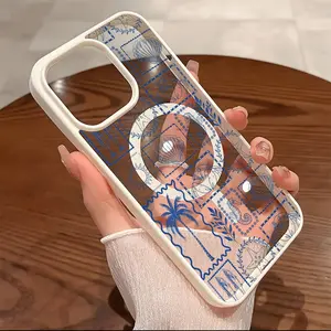 Premium Magnetic Phone Cases for iPhone11/12/13/14/15/16//17/Air/promax/Plus Hand-drawn Sea Life Palm Tree Stamp Pattern y2k cased MagSafe Ready, Anti-Fall, Springtok and Ultra-Thin Design | Perfect for Everyday Use Protector Screen Protector Resistance