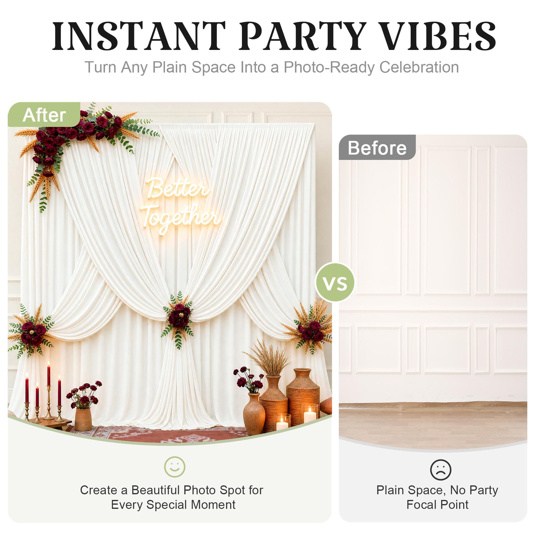 8 Pack Wrinkle-Free Polyester Backdrop Curtain Set, 5ft Wide Fabric Panels in 7/10/12ft Lengths for Photoshoot & Party Decor, Compatible with Garlands & Balloons, Minor Color Variation Due To Light & Screen Displays