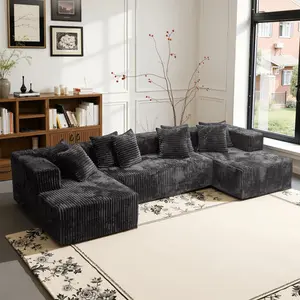 132'' U-Shape Modular Sectional Couch – Boneless Compressed Corduroy Sectional Sofa, Modern Sleeper Sofa for Living Room, Space-Efficient Convertible Corduroy Sectional (3 Packages Shipping)