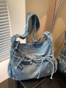 Retro simple casual versatile one-shoulder messenger bag, personalized denim drawstring design, classic lazy and versatile messenger bag, niche leisure suitable for daily commuting, shopping and dating, etc., Denim crossbody bags