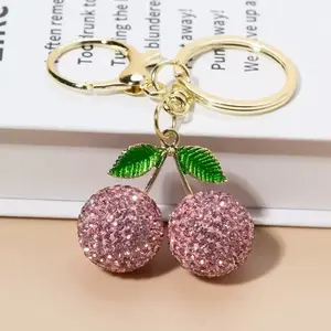 Sparkly Pink Cherry Keychain - Cute Rhinestone Bag Charm Aesthetic Cherry Keychain with Rhinestones, Gold Plated