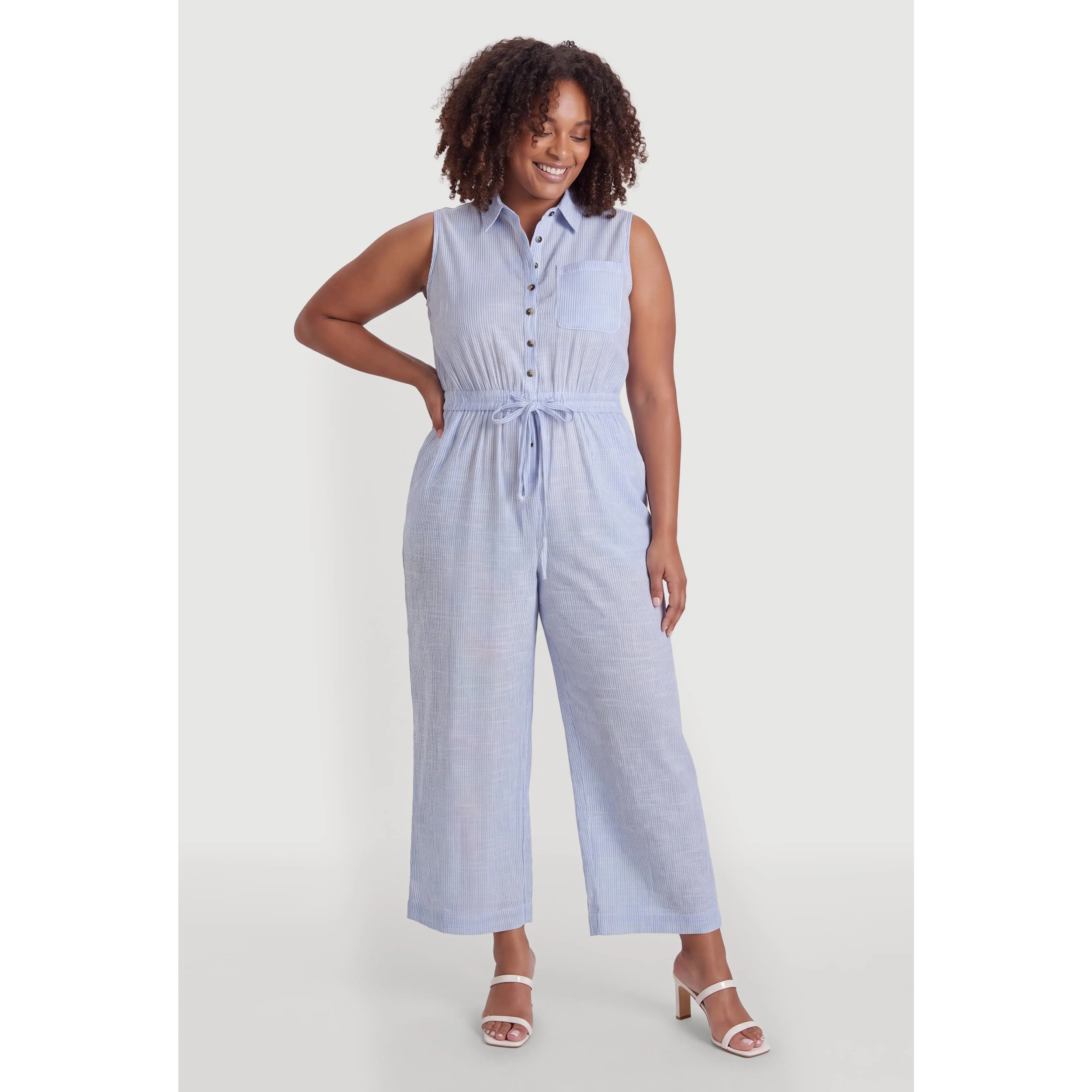 Plus Size Striped Drawstring Waist Sleeveless Jumpsuit