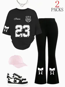 Women's Casual Loose Fit T-Shirt Set, Womenswear Sweet Cool Style Digital Print Short Sleeve Top & Flared Pants, Y2K Fashion