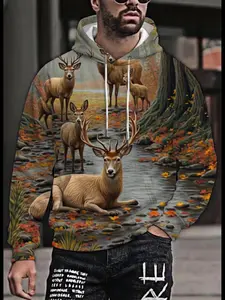 Men's Hooded Sweatshirt, Deer Forest Pattern, Long Sleeve, Gold Leaves and Stream Design, Casual Warm Outerwear for Fall Winter