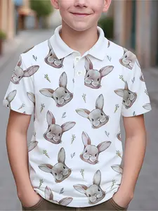 Easter Theme Boy's Cartoon Rabbit Print Short Sleeve Polo Shirt, Casual Shirts, Cute, Fun and Playful Design, Breathable Fabric and Comfortable, Perfect for Daily Wear