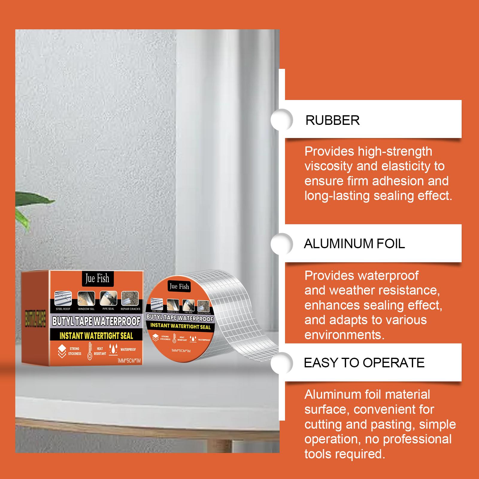 Jue-Fish Waterproof Butyl Tape — Roof Leak Repair & Seal, Moisture-Proof, High-Strength Self-Adhesive Aluminum Foil Waterproof Membrane Jue-Fish Waterproof Butyl Tape — Roof Leak Repair & Seal, Moisture-Proof, High-Strength Self-Adhesive Aluminum Foil Waterproof Membrane