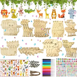 Animal-Themed Wood Craft Kit, Includes Unfinished Animal Woods, Gems, Pens, Stickers, Eyes, Strings, Perfect for DIY Projects