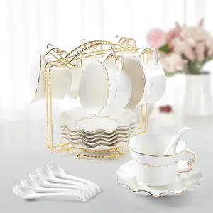 Cups and Saucers with Golden Trim,Set of 6 (8.5 OZ), Luxury  Printing Coffee Cups with Metal Stand,  Royal Porcelain  Party Set - White