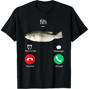[100% Cotton] Fih Calling Remind Me Message Decline Accept Phone Call Fish T-Shirt-Black