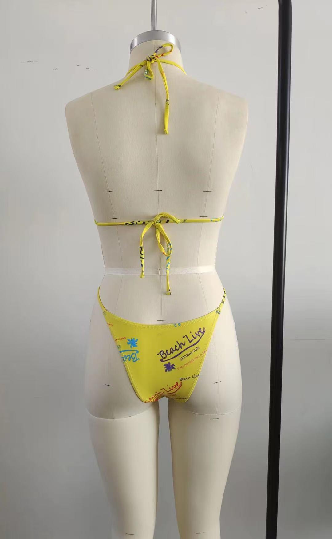 Women's 3-piece swimsuit set - tropical style | yellow printed bikini, high waist to show figure, adjustable neck tie, quick drying fabric | suitable for summer beach vacations, pool parties | swimsuit