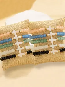 10 Pieces Elegant Cross Glass Bead Bracelet Set, Layered Stretch Wristbands Stackable Bracelet for Daily Wear and Parties, Chic Jewelry Collection, Jewelry Accessories
