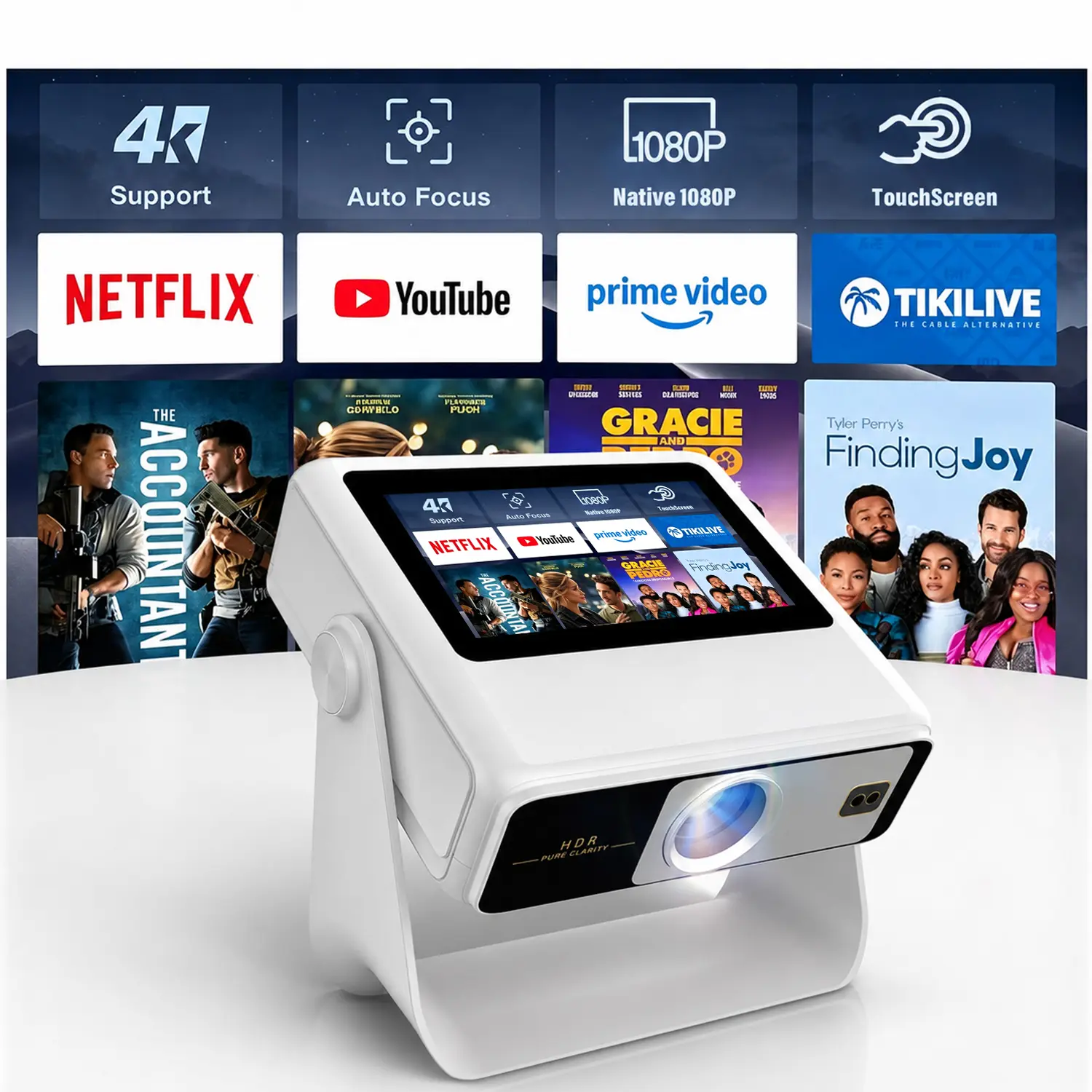 4K Support Native 1080P Touch Screen Projector with WiFi Bluetooth, Auto Focus Smart Portable Game Projector, Built-in Apps Mini Outdoor Movie Projector for Bedroom Home Theater