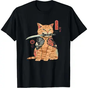 Japanese Samurai Ninja cat kawaii tattoo graphic T-shirt-kids, anime fans, casual wear lovers, men shirts men classic cotton tee menswear crewneck vintage designer oversized T-shirt