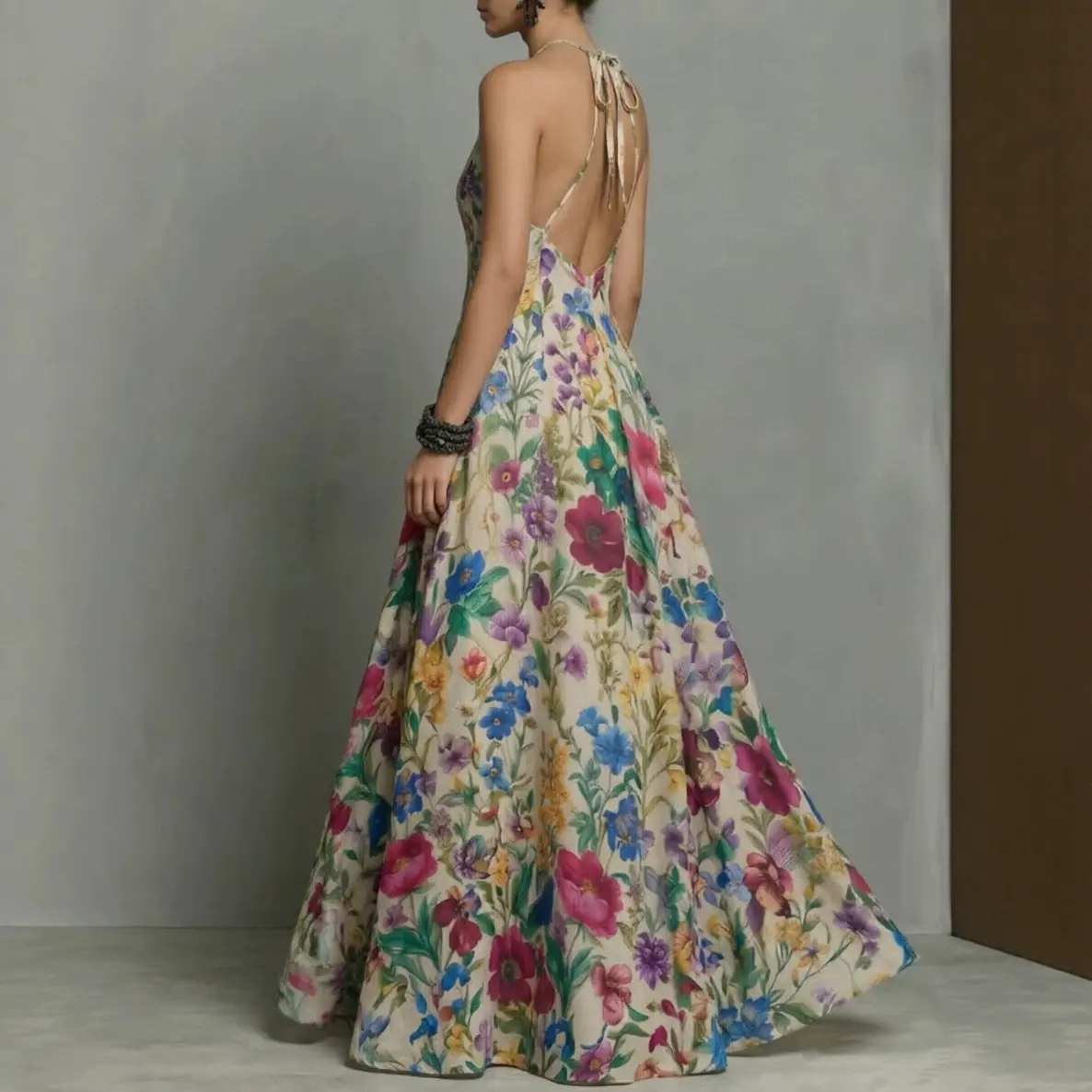 Women's Floral Print Halter Maxi Dress - Sleeveless, Slim-Fit, High-Waist, Flowy Swing, Wrinkle-Resistant - Vacation Beach Sundress for Wedding Guest Summer Outfits Boho Casual