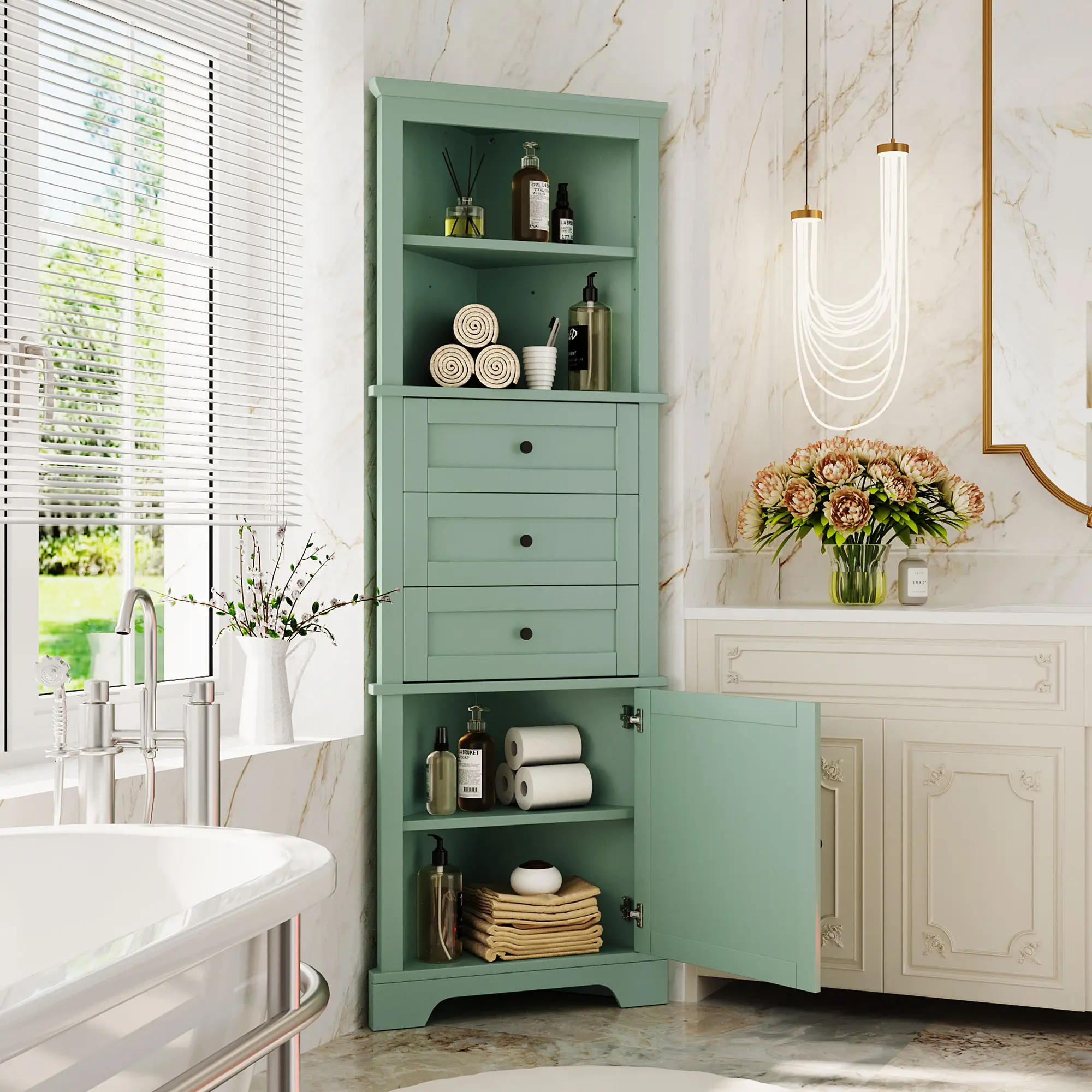 Green Triangle Corner Storage Cabinet with 3 Drawers, Adjustable Shelves (10lbs/shelf), Painted MDF Board, Anti-Dumping Device, Assembly Required - for Bathroom, Kitchen - YYDS Mall (Old Sku:WF306469AAG)