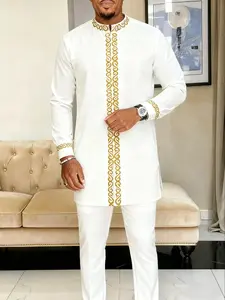 Men's Muslim Style Kaftan Kurta Set, Round Neck Long Sleeve Embroidery Design, Casual African Clothing for Weddings Festivals Business Fasting Gifts