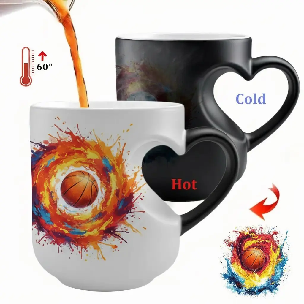 Basketball Enthusiast Dream Gift - Temperature-Sensitive Color-Changing Basketball Mug, 11oz Ceramic Mug with Unique Heart Handle & Dynamic Basketball Splash Art; Shifts From Sleek Black to Vibrant Bold Basketball Graphic When Hot, Perfect for Sports