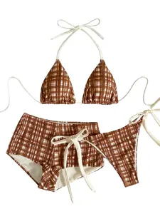 Women’s 3PCS Plaid Bikini Set with Skirt – Halter Triangle Top, Tie Side Bottom & Mini Cover Up, Y2K Preppy Swimwear