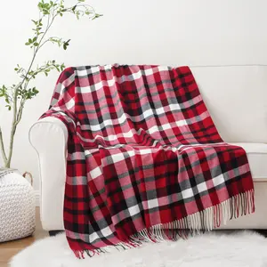 Battilo I Red Plaid Throw Blanket for Couch, Bed, Super Soft Red Plaid Scarf, Throw Blanket, Christmas Decorative Throw with Tassels 50"x60"