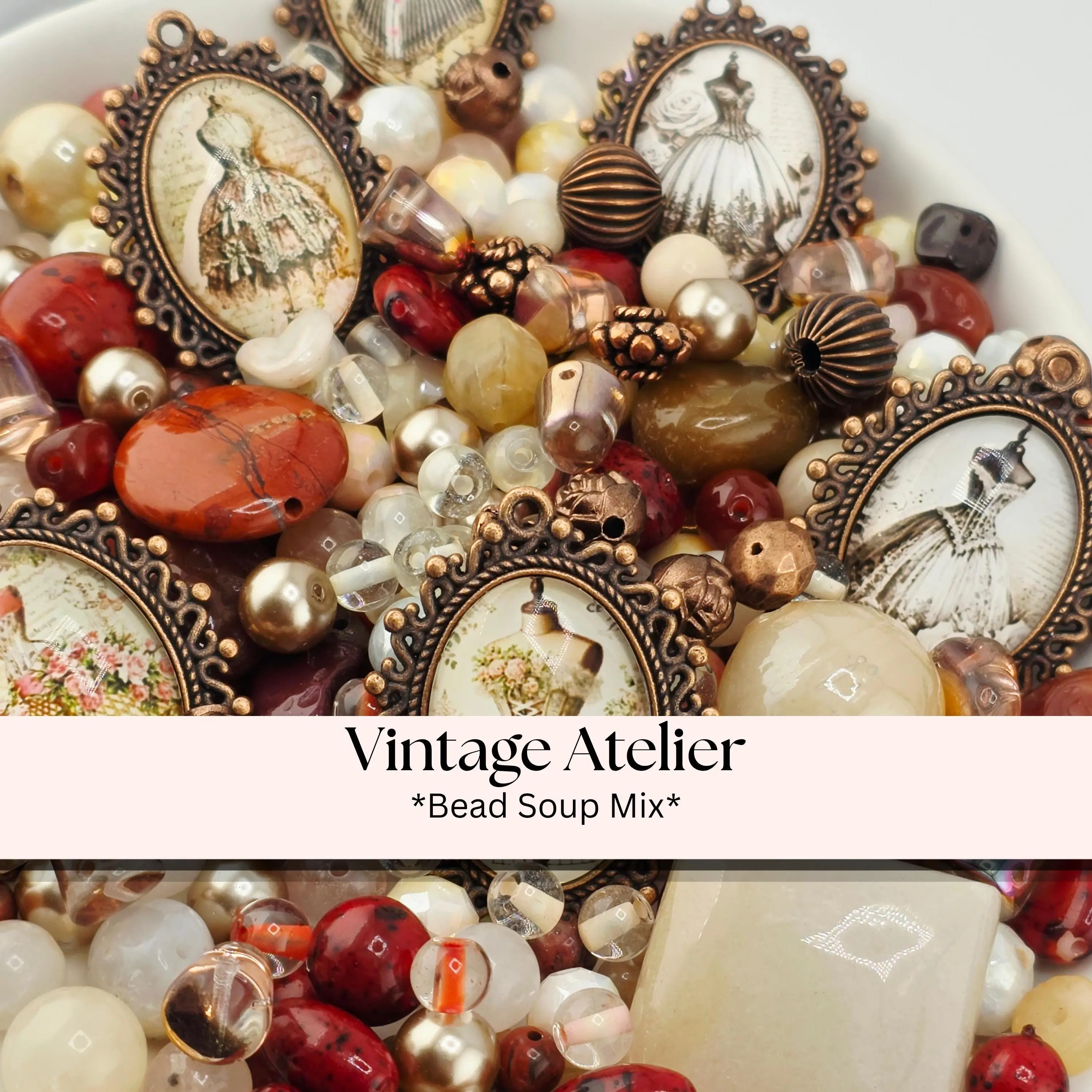 Vintage Atelier Bead Soup Mix | Cream, Maroon and Copper Glass Beads | Victorian Corset and Dress Cabochon Pendants | DIY Jewelry Making