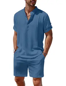 COOFANDY Men's 2 Pieces Linen Set Henley Shirt Short Sleeve and Shorts Summer Beach Yoga Matching Outfits