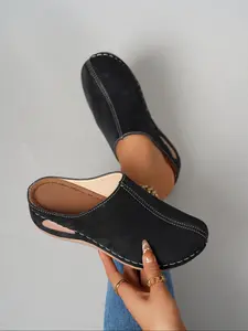 Fashionable Round Toe Backless Half Slipper Mules, Velvety Material + Stitching, Breathable Hollow Out Heel, Casual Comfort