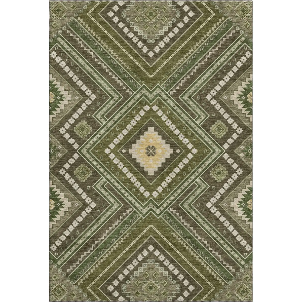 HomeRoots 679305 9x12 ft. 3-Toned Olive Green, Ivory & Brown Tribal Rectangular Area Rug - Machine-Washable, Child-Friendly, UV-Protected, Machine-Made, Child-Friendly Area Rugs, Machine-Washable Area Rugs