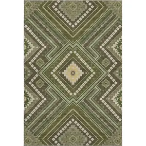 HomeRoots 679305 9x12 ft. 3-Toned Olive Green, Ivory & Brown Tribal Rectangular Area Rug - Machine-Washable, Child-Friendly, UV-Protected, Machine-Made, Child-Friendly Area Rugs, Machine-Washable Area Rugs
