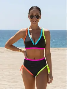 New Bikini Set, Casual Patchwork Colorblock Design, Summer Swimwear, Summer Swimsuits, Slim-Fit Style, Moderate Fabric Thickness, Colorblock Bikinis Set