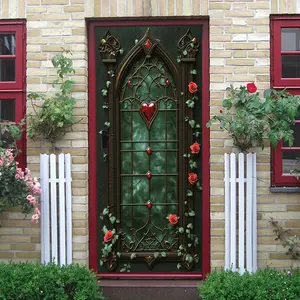2pcs Gothic Vintage Church Style Decorative Door Wall Sticker Medieval Stained Glass Art Decal with Rose Vines and Ruby Heart Pattern Self Adhesive Removable Living Room Entrance Background Wall Decor