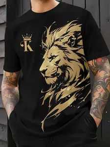 Men's Fashion Casual Short-Sleeve T-Shirt with Golden Crown Lion King Print - Crew Neck, Comfortable, Versatile and Trendy Sports Casual T-Shirt Top, Suitable for Daily Outings, Parties, Gatherings and as a Casual T-Shirt Gift